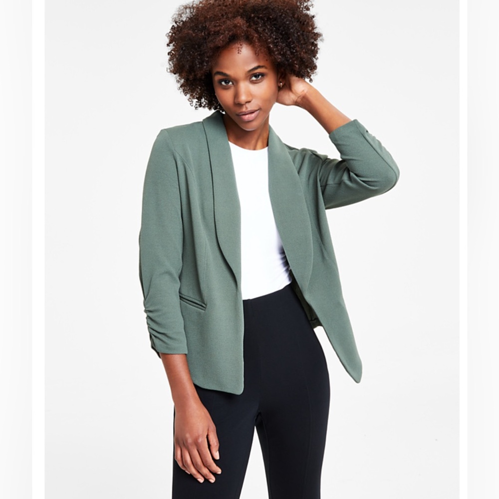 Bar III Women's Ruched 3/4-Sleeve Knit Blazer - Palmetto green- L - NWOT